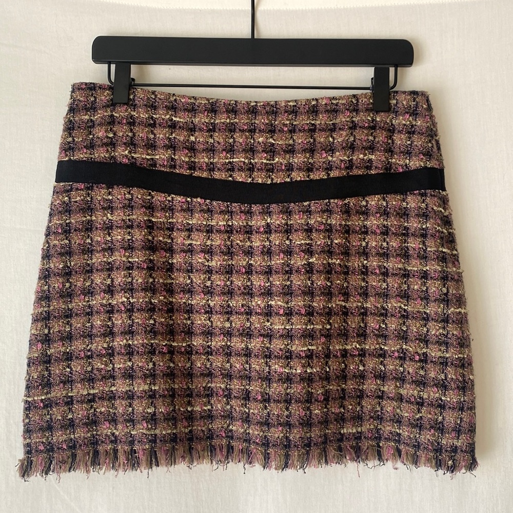 Gingham Fringe Tweed Mini Skirt, Size 6